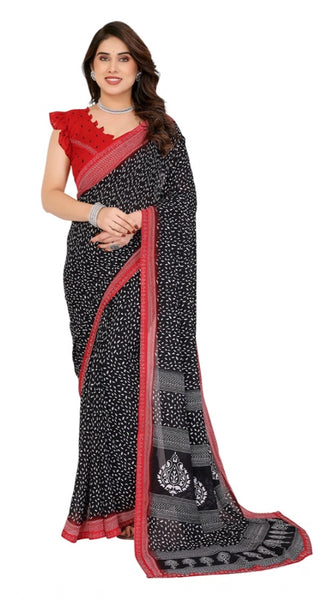Mayawye Women's Georgette Printed Saree With Unstitched Blouse 5.5Mtr (Black)