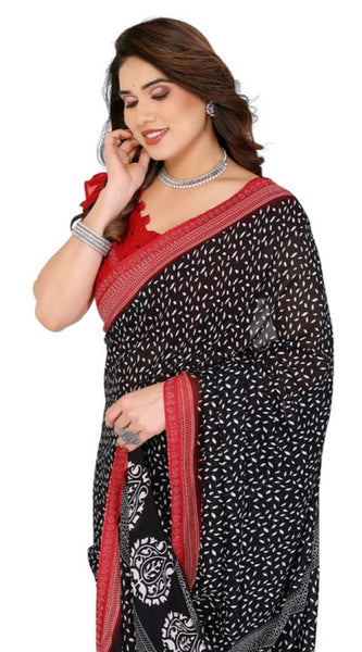 Mayawye Women's Georgette Printed Saree With Unstitched Blouse 5.5Mtr (Black)