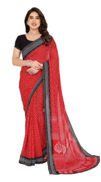 Mayawye Women's Georgette Printed Saree With Unstitched Blouse 5.5Mtr (Red)