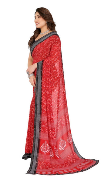 Mayawye Women's Georgette Printed Saree With Unstitched Blouse 5.5Mtr (Red)
