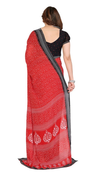 Mayawye Women's Georgette Printed Saree With Unstitched Blouse 5.5Mtr (Red)