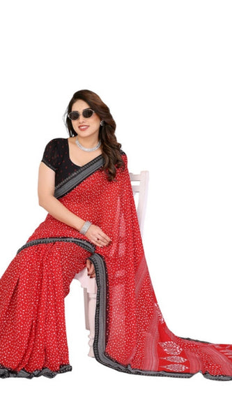 Mayawye Women's Georgette Printed Saree With Unstitched Blouse 5.5Mtr (Red)