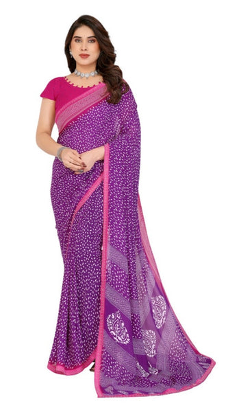 Mayawye Women's Georgette Printed Saree With Unstitched Blouse 5.5Mtr (Purple)