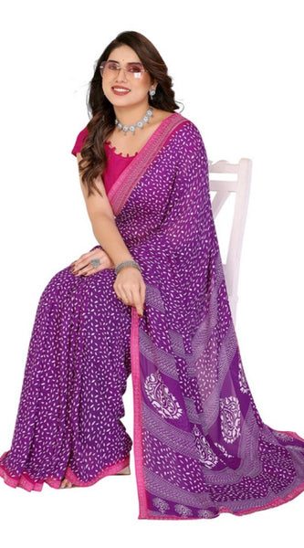 Mayawye Women's Georgette Printed Saree With Unstitched Blouse 5.5Mtr (Purple)