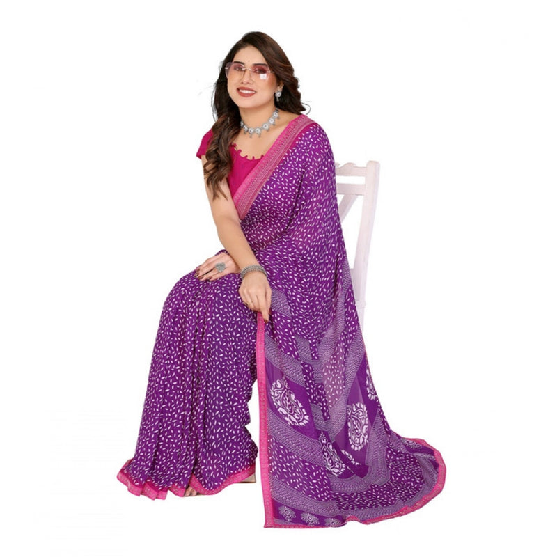 Mayawye Women's Georgette Printed Saree With Unstitched Blouse 5.5Mtr (Purple)