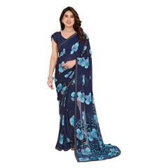 Mayawye Women's Georgette Printed Saree With Unstitched Blouse 5.5Mtr (Navy Blue)