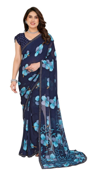 Mayawye Women's Georgette Printed Saree With Unstitched Blouse 5.5Mtr (Navy Blue)