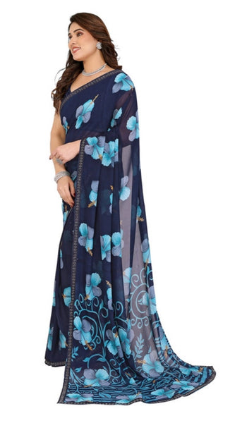 Mayawye Women's Georgette Printed Saree With Unstitched Blouse 5.5Mtr (Navy Blue)