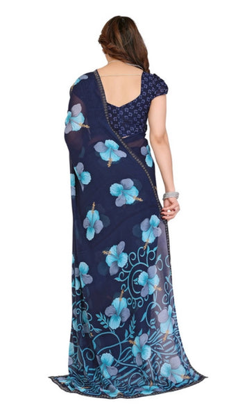 Mayawye Women's Georgette Printed Saree With Unstitched Blouse 5.5Mtr (Navy Blue)