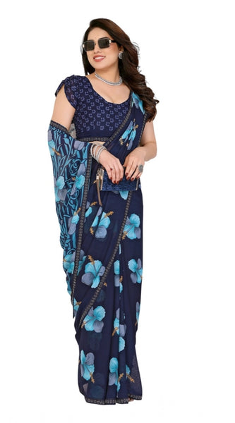 Mayawye Women's Georgette Printed Saree With Unstitched Blouse 5.5Mtr (Navy Blue)