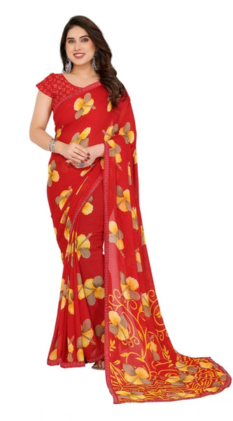 Mayawye Women's Georgette Printed Saree With Unstitched Blouse 5.5Mtr (Orange)