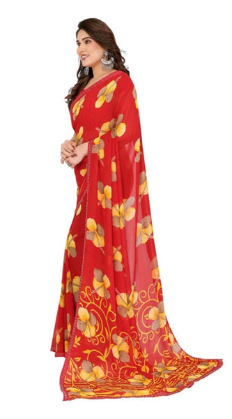 Mayawye Women's Georgette Printed Saree With Unstitched Blouse 5.5Mtr (Orange)