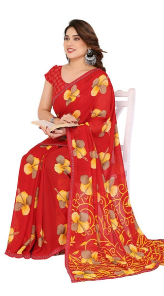 Mayawye Women's Georgette Printed Saree With Unstitched Blouse 5.5Mtr (Orange)