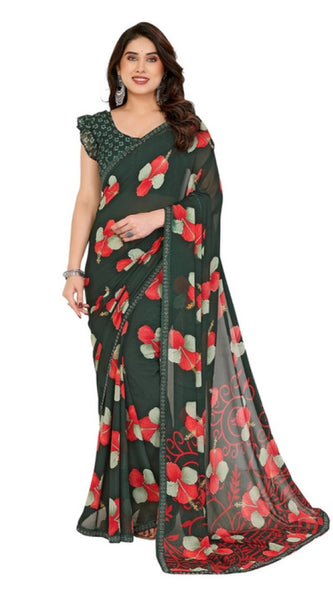 Mayawye Women's Georgette Printed Saree With Unstitched Blouse 5.5Mtr (Green)