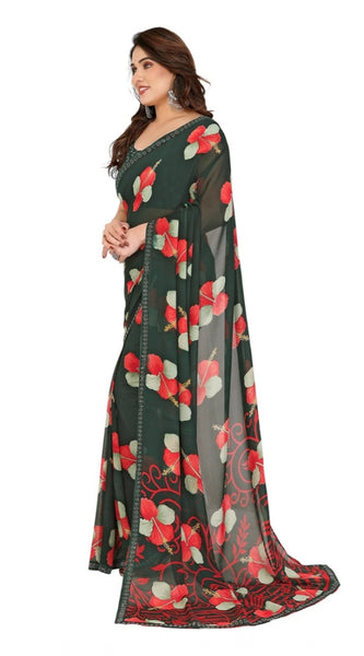 Mayawye Women's Georgette Printed Saree With Unstitched Blouse 5.5Mtr (Green)