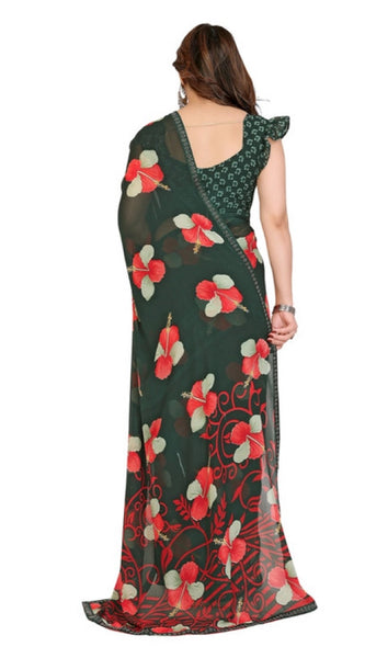 Mayawye Women's Georgette Printed Saree With Unstitched Blouse 5.5Mtr (Green)