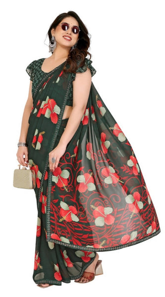 Mayawye Women's Georgette Printed Saree With Unstitched Blouse 5.5Mtr (Green)
