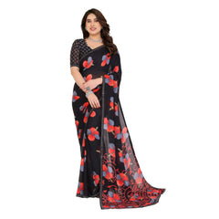 Mayawye Women's Georgette Printed Saree With Unstitched Blouse 5.5Mtr (Black)
