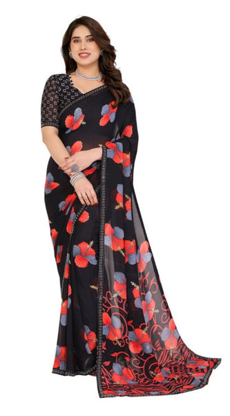 Mayawye Women's Georgette Printed Saree With Unstitched Blouse 5.5Mtr (Black)