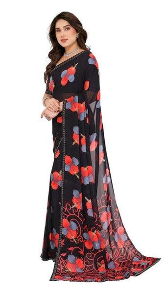 Mayawye Women's Georgette Printed Saree With Unstitched Blouse 5.5Mtr (Black)