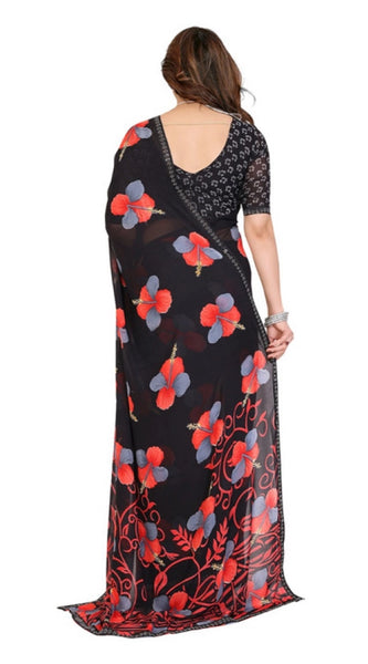 Mayawye Women's Georgette Printed Saree With Unstitched Blouse 5.5Mtr (Black)