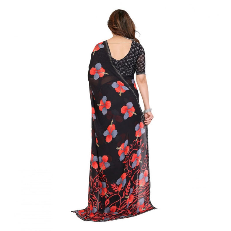 Mayawye Women's Georgette Printed Saree With Unstitched Blouse 5.5Mtr (Black)