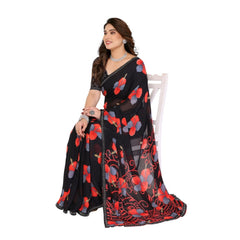 Mayawye Women's Georgette Printed Saree With Unstitched Blouse 5.5Mtr (Black)