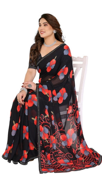 Mayawye Women's Georgette Printed Saree With Unstitched Blouse 5.5Mtr (Black)