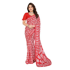 Mayawye Women's Georgette Printed Saree With Unstitched Blouse 5.5Mtr (Red)