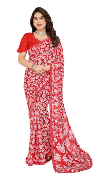 Mayawye Women's Georgette Printed Saree With Unstitched Blouse 5.5Mtr (Red)