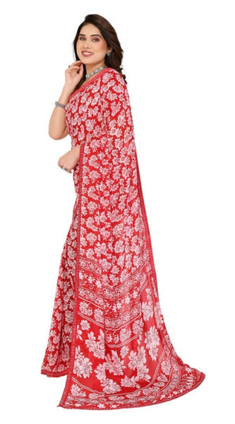 Mayawye Women's Georgette Printed Saree With Unstitched Blouse 5.5Mtr (Red)