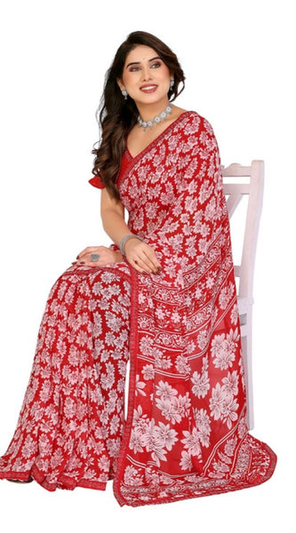 Mayawye Women's Georgette Printed Saree With Unstitched Blouse 5.5Mtr (Red)