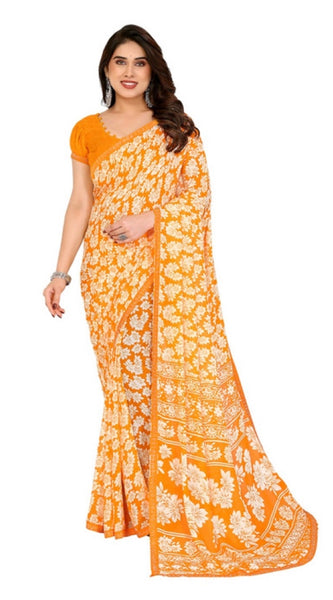 Mayawye Women's Georgette Printed Saree With Unstitched Blouse 5.5Mtr (Yellow)