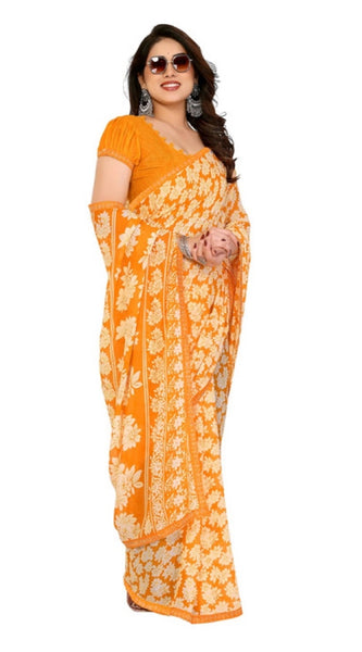 Mayawye Women's Georgette Printed Saree With Unstitched Blouse 5.5Mtr (Yellow)