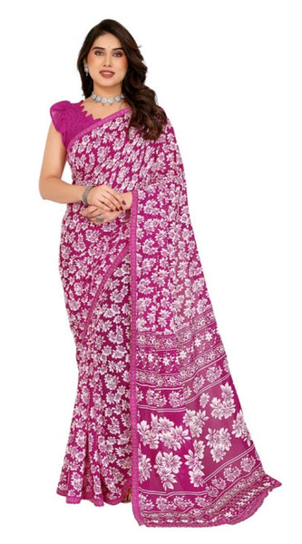 Mayawye Women's Georgette Printed Saree With Unstitched Blouse 5.5Mtr (Pink)