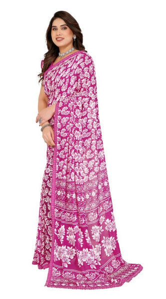 Mayawye Women's Georgette Printed Saree With Unstitched Blouse 5.5Mtr (Pink)