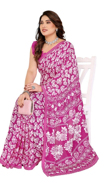 Mayawye Women's Georgette Printed Saree With Unstitched Blouse 5.5Mtr (Pink)
