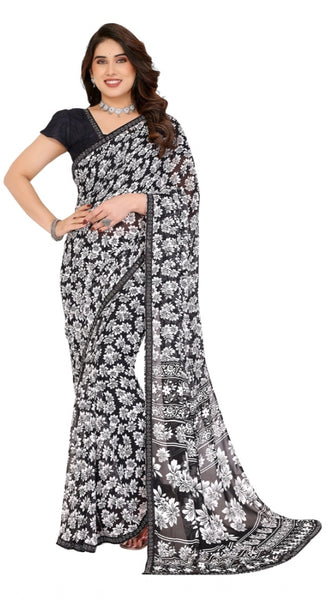 Mayawye Women's Georgette Printed Saree With Unstitched Blouse 5.5Mtr (Black)