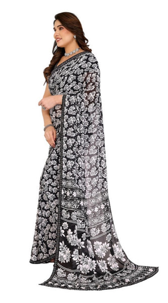 Mayawye Women's Georgette Printed Saree With Unstitched Blouse 5.5Mtr (Black)