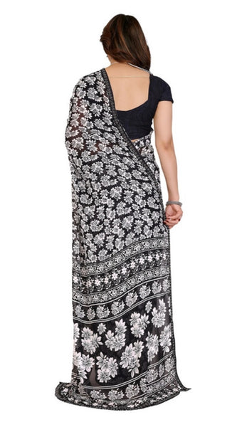 Mayawye Women's Georgette Printed Saree With Unstitched Blouse 5.5Mtr (Black)