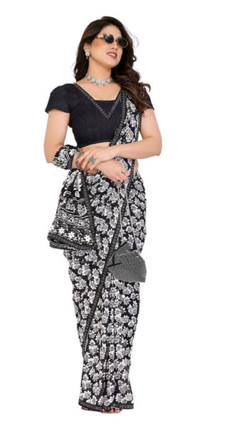 Mayawye Women's Georgette Printed Saree With Unstitched Blouse 5.5Mtr (Black)