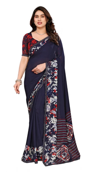 Mayawye Women's Georgette Printed Saree With Unstitched Blouse 5.5Mtr (Navy Blue)
