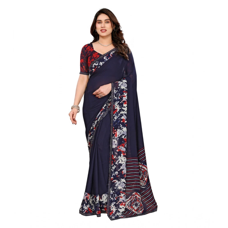 Mayawye Women's Georgette Printed Saree With Unstitched Blouse 5.5Mtr (Navy Blue)