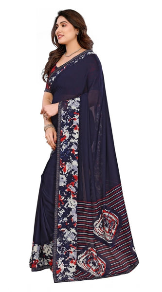 Mayawye Women's Georgette Printed Saree With Unstitched Blouse 5.5Mtr (Navy Blue)