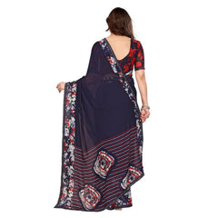 Mayawye Women's Georgette Printed Saree With Unstitched Blouse 5.5Mtr (Navy Blue)