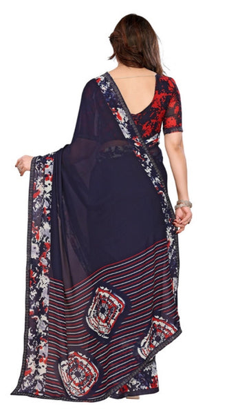 Mayawye Women's Georgette Printed Saree With Unstitched Blouse 5.5Mtr (Navy Blue)