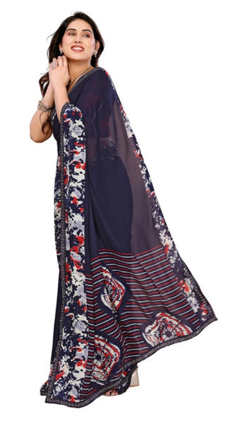 Mayawye Women's Georgette Printed Saree With Unstitched Blouse 5.5Mtr (Navy Blue)
