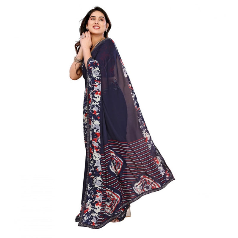 Mayawye Women's Georgette Printed Saree With Unstitched Blouse 5.5Mtr (Navy Blue)