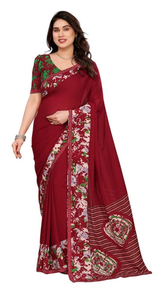 Mayawye Women's Georgette Printed Saree With Unstitched Blouse 5.5Mtr (Red)