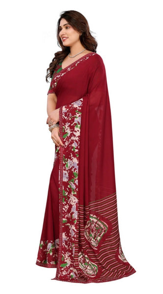 Mayawye Women's Georgette Printed Saree With Unstitched Blouse 5.5Mtr (Red)